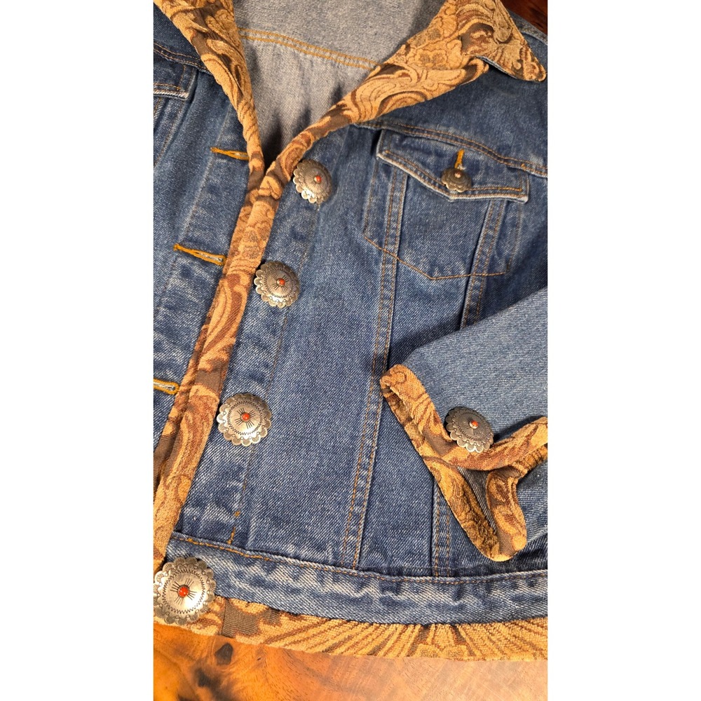 Tasha Polizzi TP Saddleblanket Denim Jacket Tapestry Trim Concho Buttons XL - Picture 2 of 8